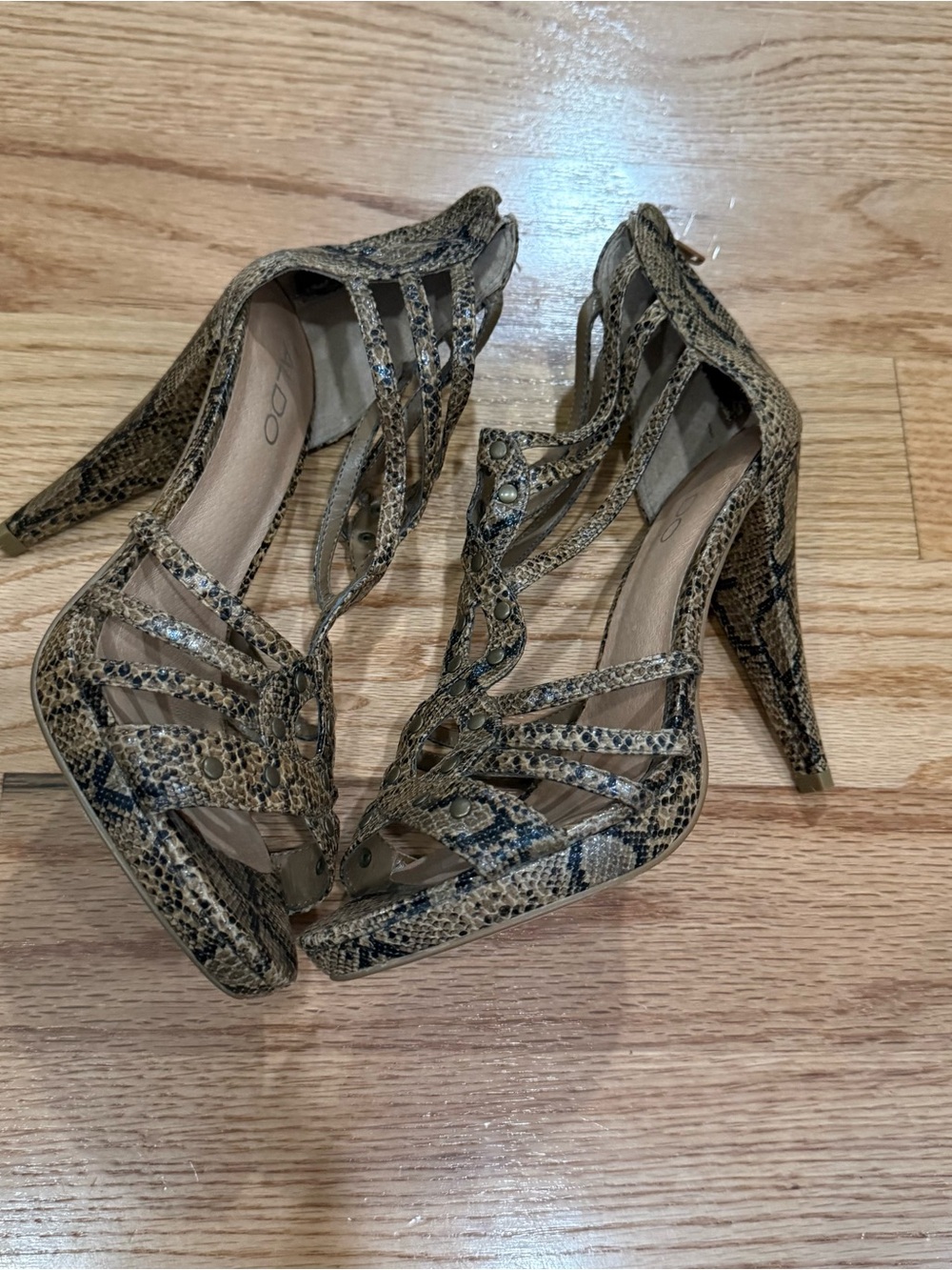 ALDO Brown Snake-Print Strappy High Heel Sandals